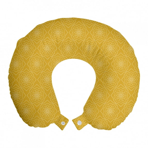 Floral Travel Pillow Neck Rest, Continuous Earth Tones Petals Abstracted Simplistic Modern Flowers Print, Memory Foam Traveling Accessory Airplane and Car, 12", Earth Yellow and White, by Ambesonne