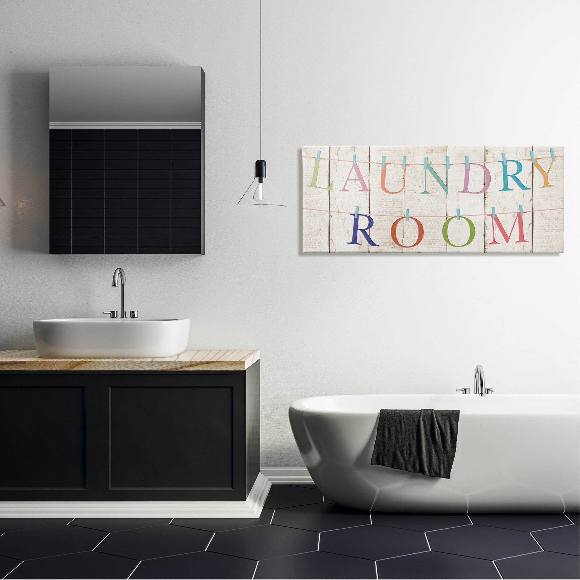 Laundry Room Clothespin Plank Pattern Typography Graphic Art Gallery Wrapped Canvas Print Wall Art