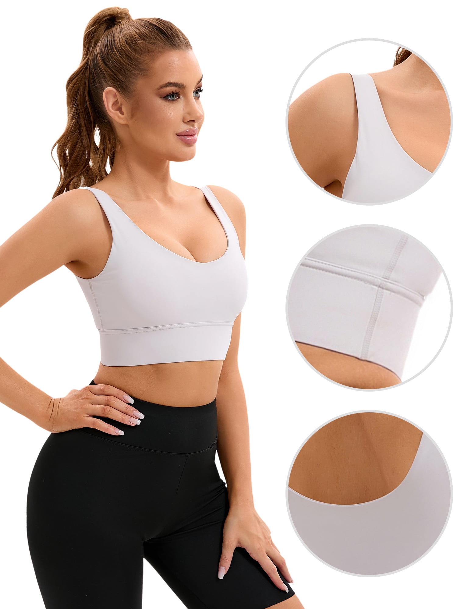 Unique Bargains Women's V-Neck Workout Crop Top Bra U Back Sports Bras M White