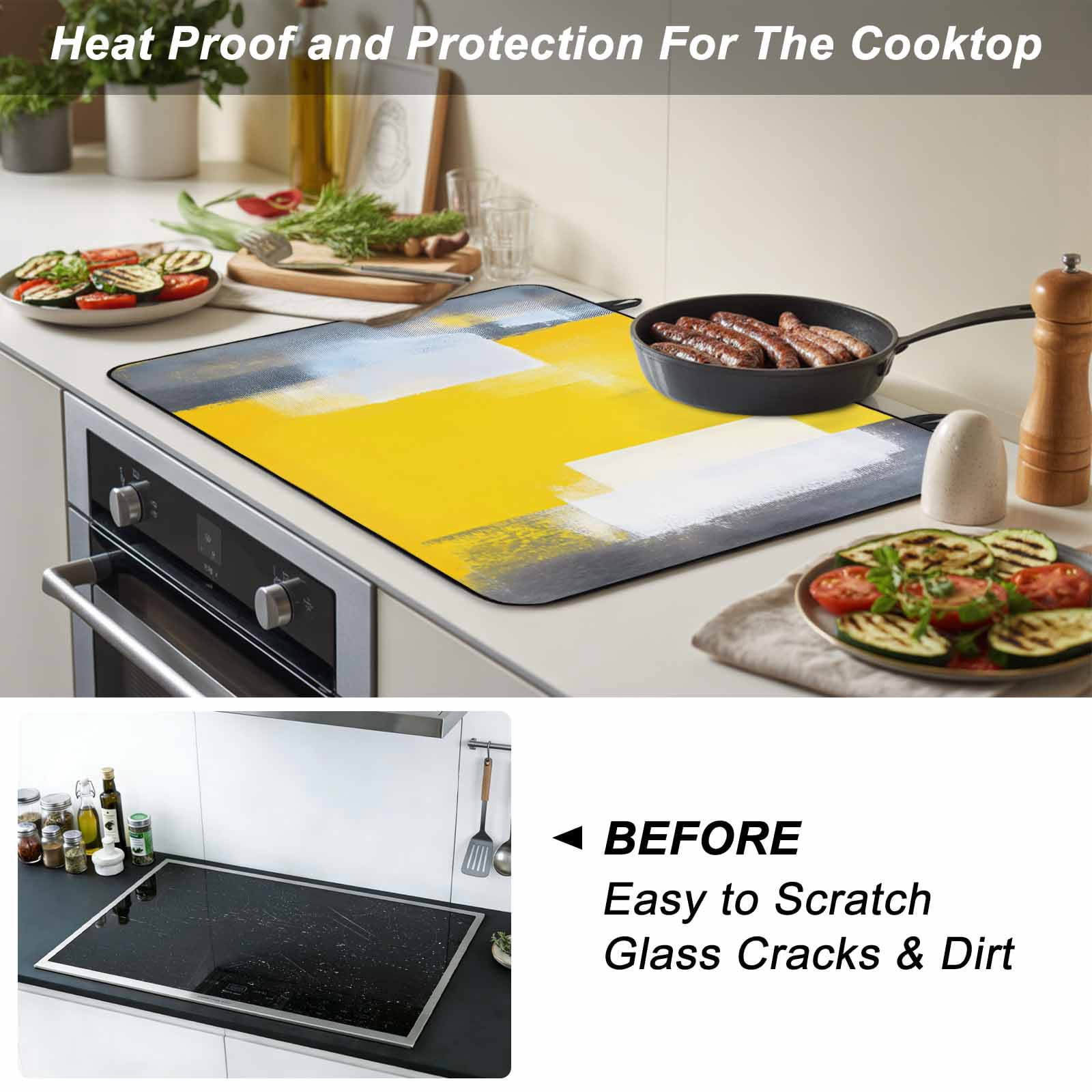 Yellow Grey Stove Top Cover for Electric Stove, Heat-proof & Non Slip Glass Top Stove Cover Protector, Oil Painted Modern Abstract Vintage Kitchen Flat Cooktop Rubber Mat 24x21 Inches