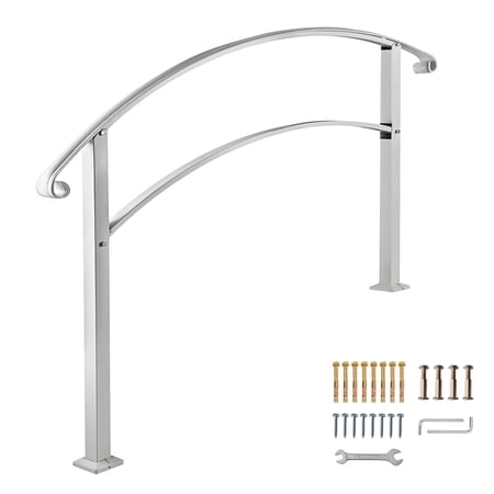 White Wrought Iron Outdoor Stair Handrail for 1 to 4 Steps, Adjustable Front Porch Railing with Decorative Scroll Design, Heavy Duty Support Rail for Concrete Brick and Wooden Stairs