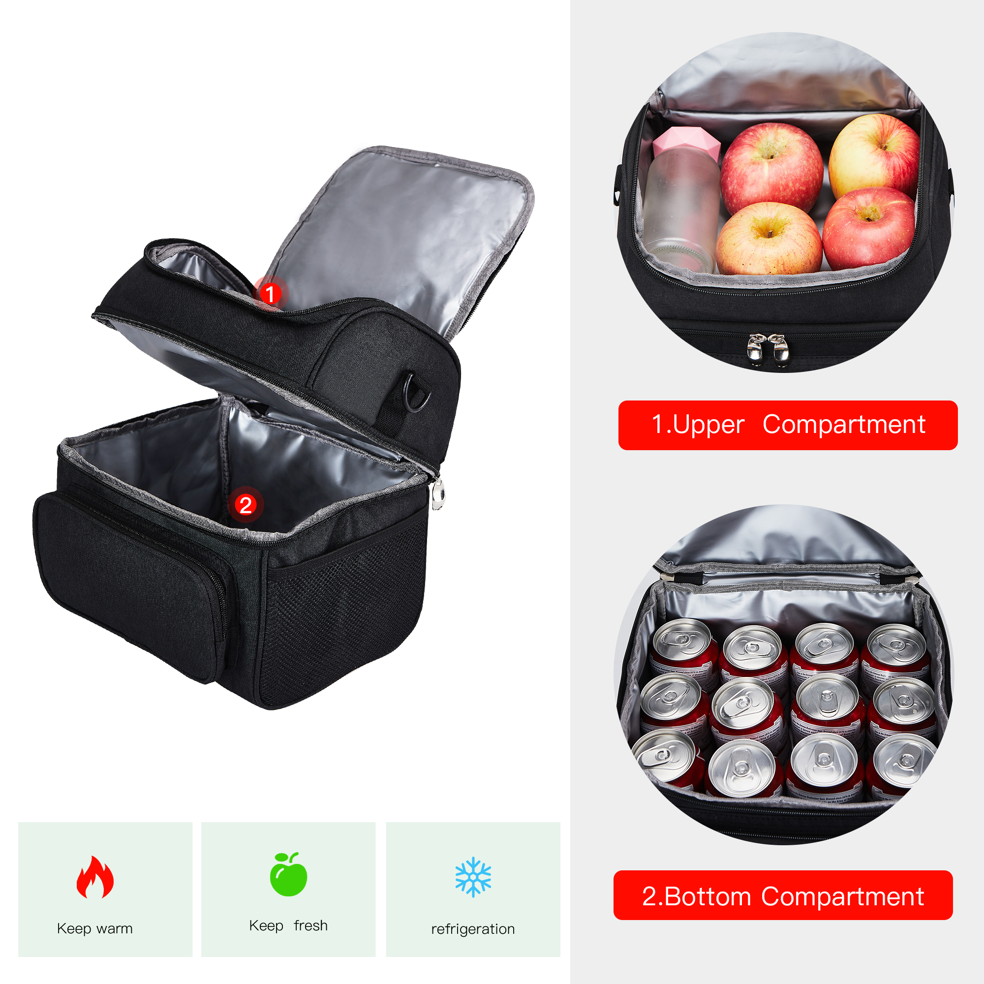 COUTUDI 14L Large Insulated Lunch Bag for Men Women Adult Reusable Leakproof Tote Cooler Lunch Bag for Office Work Double Deck with Shoulder Straps（Black）