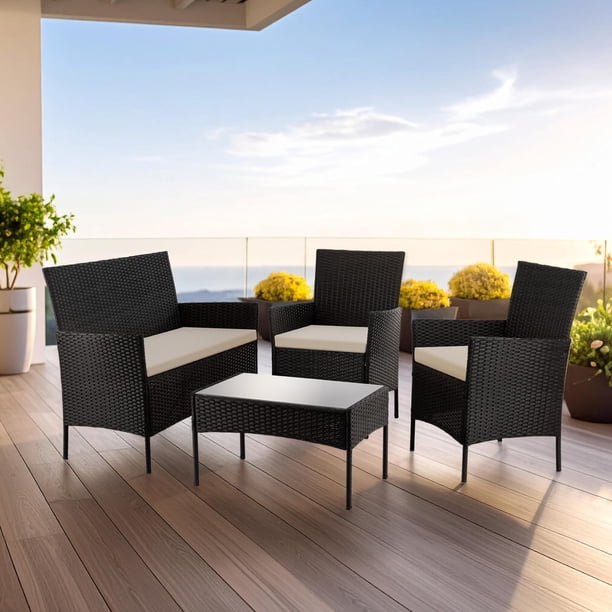 Sala de Jardín KingsHouse Rattan tipo Mimbre con Cojines y Mesa de Vidrio Templado negro 7