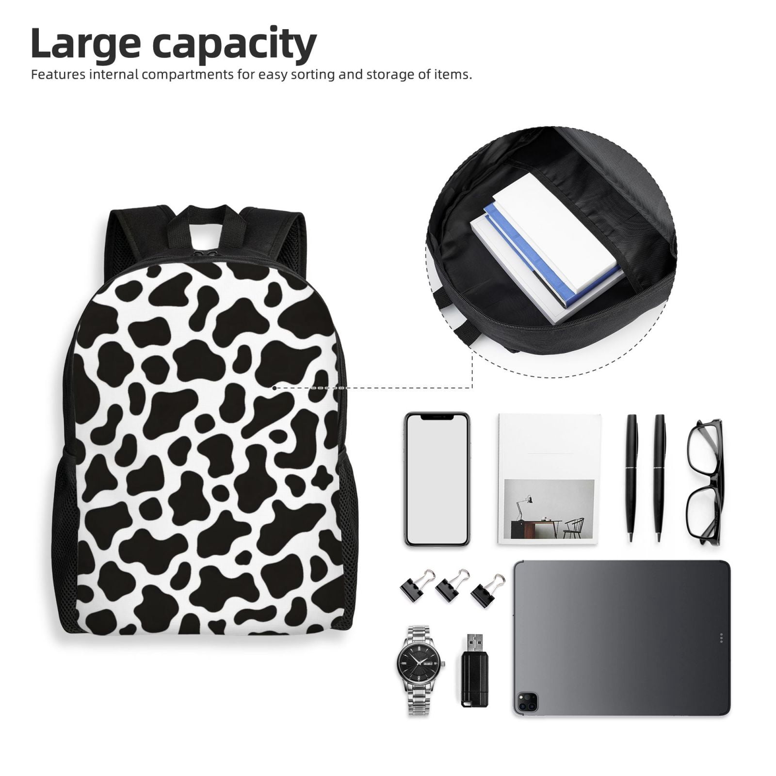 Single Side Full Backpack 16.1×11.8×4.5in Large Capacity Breathable Shoulder Belt Leisure Simple And Strong Bearing Capacity Black White Cow Print