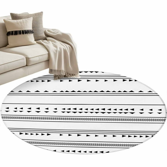 Boho Black White Modern Stripes Round Area Rug 4 FT, Non Slip Indoor Outdoor Rug, Farmhouse Abstract Art Washable Soft Circular Carpet Non-Shedding Floor Mat for Coffee Table Nursery Foyer Balcony