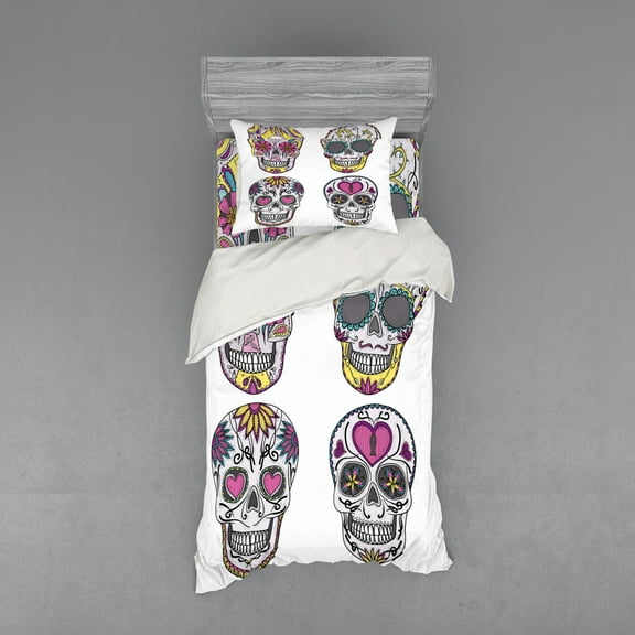 Ambesonne Sugar Skull Bedding Set 3 Pcs, Colorful Mexican, Twin XL, Multicolor