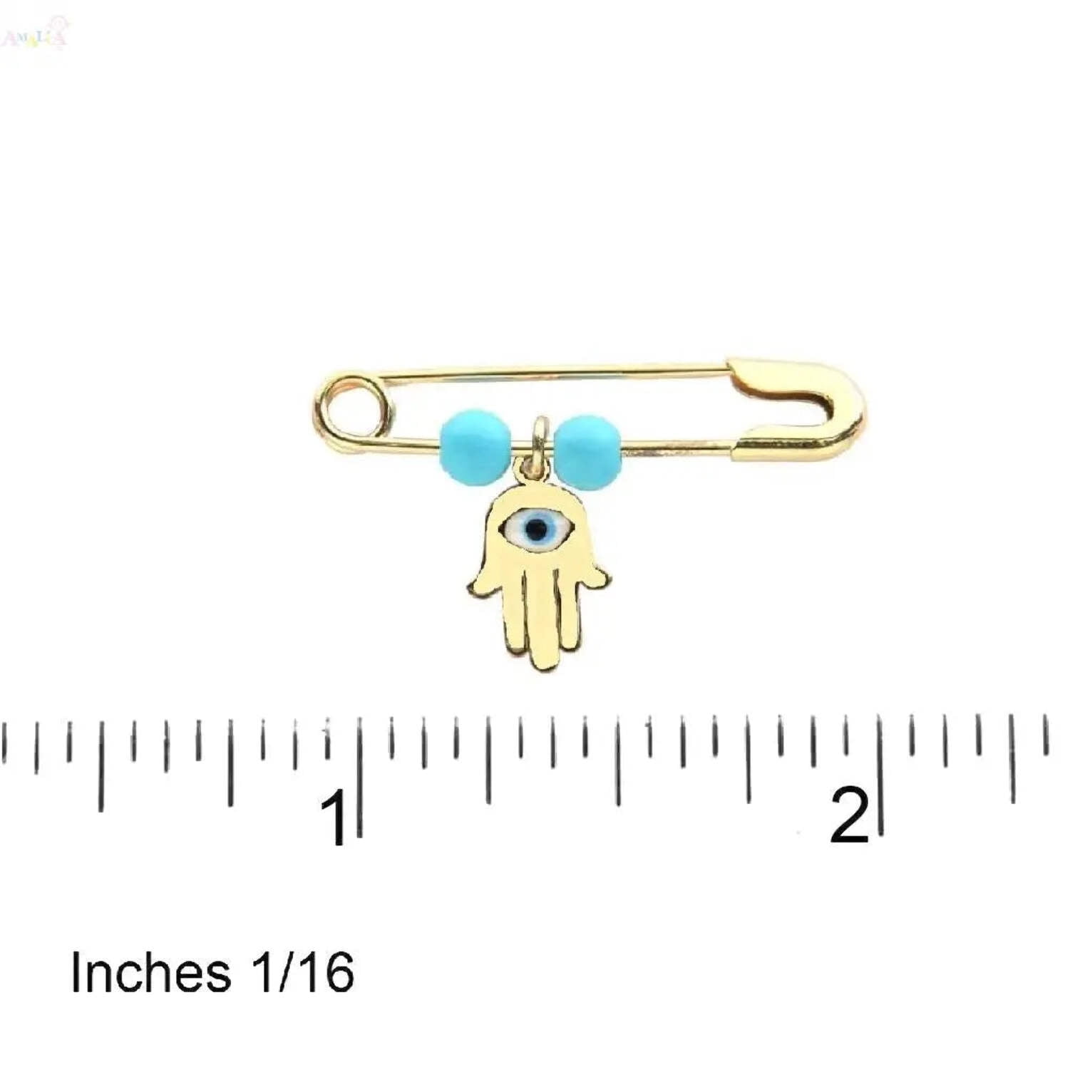 18K Solid Yellow Gold Enamel evil eye Hamsa Fatima Hand and Turquoise paste beads Safety Pin