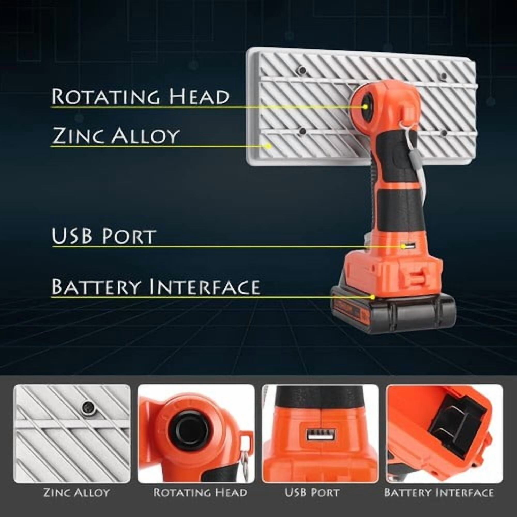 40W 4200LM Black/+Decker Light, Powered by 20V Max Lithium-ion Battery, DTEZTECH Cordless Flashlight Tool with USB Port, 9" Zinc Alloy 110°Pivoting Head, Indoor Outdoor Camping Spotlight(Tool Only)