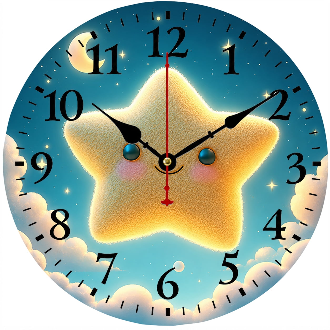 Cute Star Wall Clock 9.84 Inch, Kids Room Decor with Moon and Clouds, Battery Operated Analog Clock, Easy to Read Numbers for Bedroom Nursery Playroom
