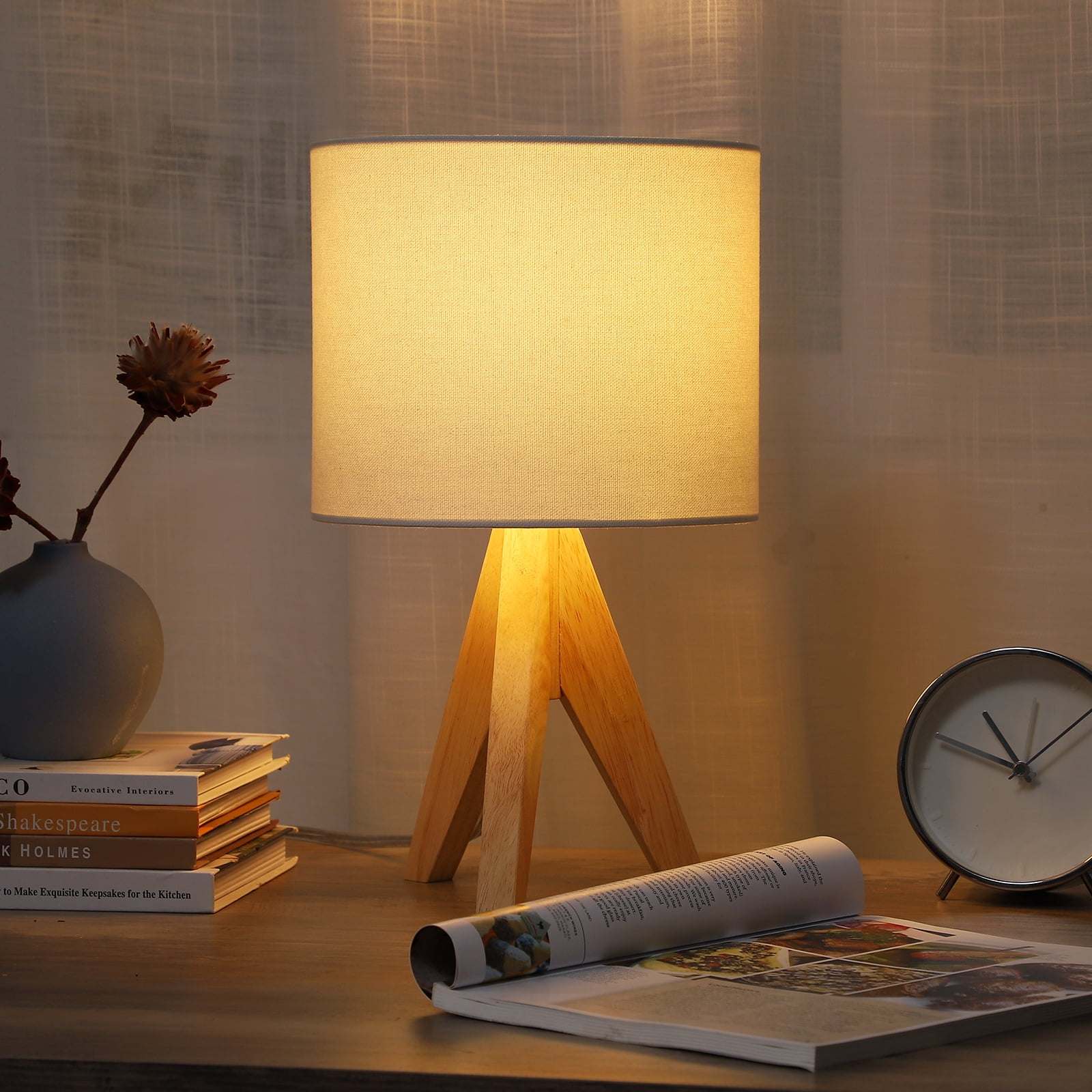 Lampe De Chevet En Bois Avec Abat-jour Lin Vert - Ampoule LED 2700K Incluse, Douille E27 (Hauteur 36 Cm) - 5