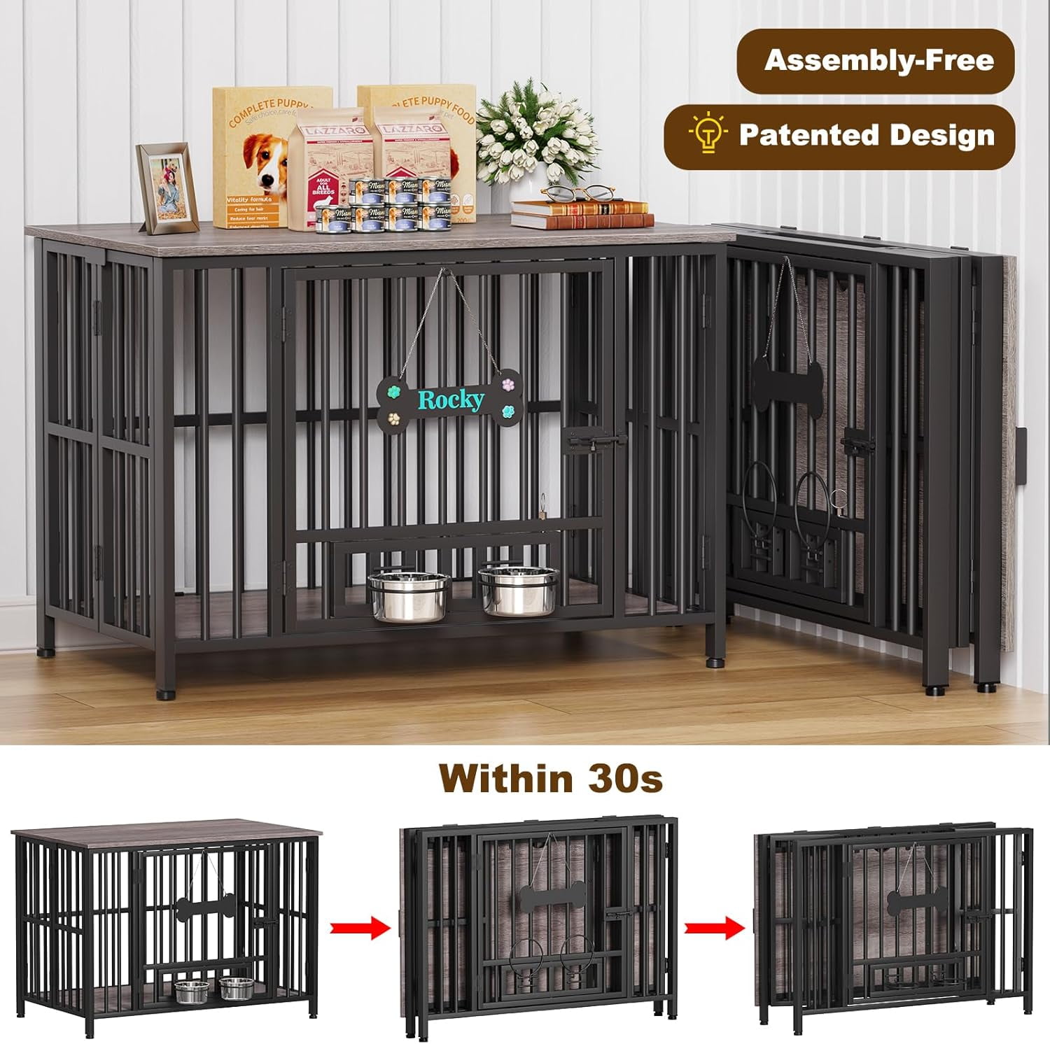 POAO 41"Dog Crate Furniture Foldable,No Assembly Dog Kennel Indoor for Large Dog(40-65 lbs),Dog Cage with Adjustable Bowls &Name Tag,End Table