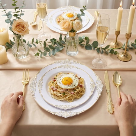 DALUVENIX 350 PCS GOLD PLASTIC DINNERWARE SET FOR 50 GUESTS,  DISPOSABLE DINNERWARE SETS INCLUDE 100 GOLD RIM PLASTIC PLATES, 50 SILVERWARES, 50 CUPS, AND 50 NAPKINS FOR PARTY, WEDDING, HOLIDAYS