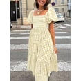 thumbnail image 3 of Apricot Gingham Square Neck Puff Sleeve Tiered Midi Dress For Women, 3 of 6