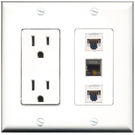 RiteAV - 15 Amp Power Outlet 1 Port Shielded Cat6 Ethernet Ethernet 2 Port Cat5e Ethernet White Decorative Wall Plate