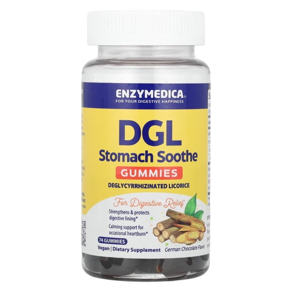 Enzymedica, DGL Stomach Soothe Gummies, Supports Digestive Health and Occasional Heartburn, German Chocolate, 74 Count