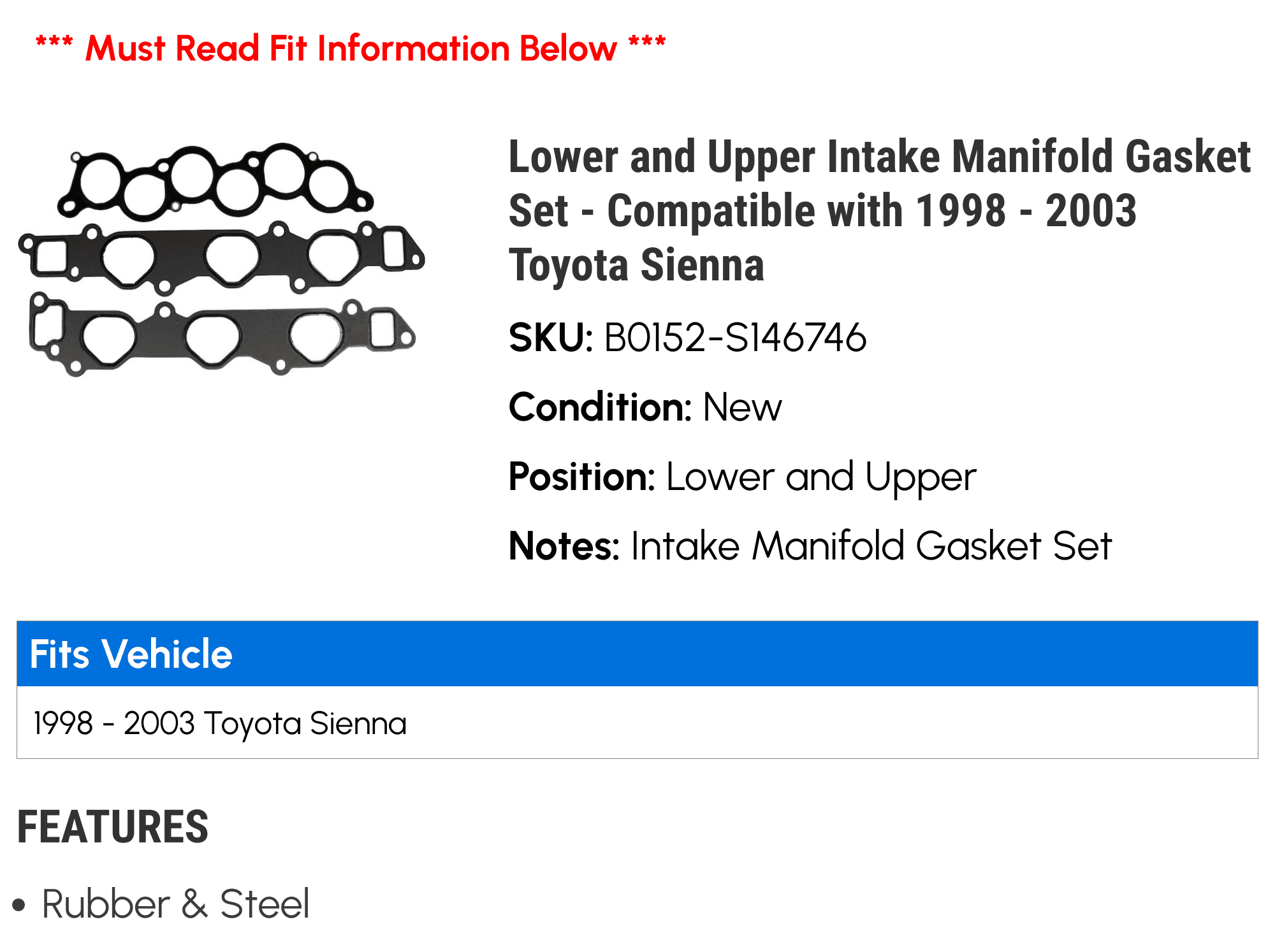 Lower and Upper Intake Manifold Gasket Set - Compatible with 1998 - 2003 Toyota Sienna 1999 2000 2001 2002