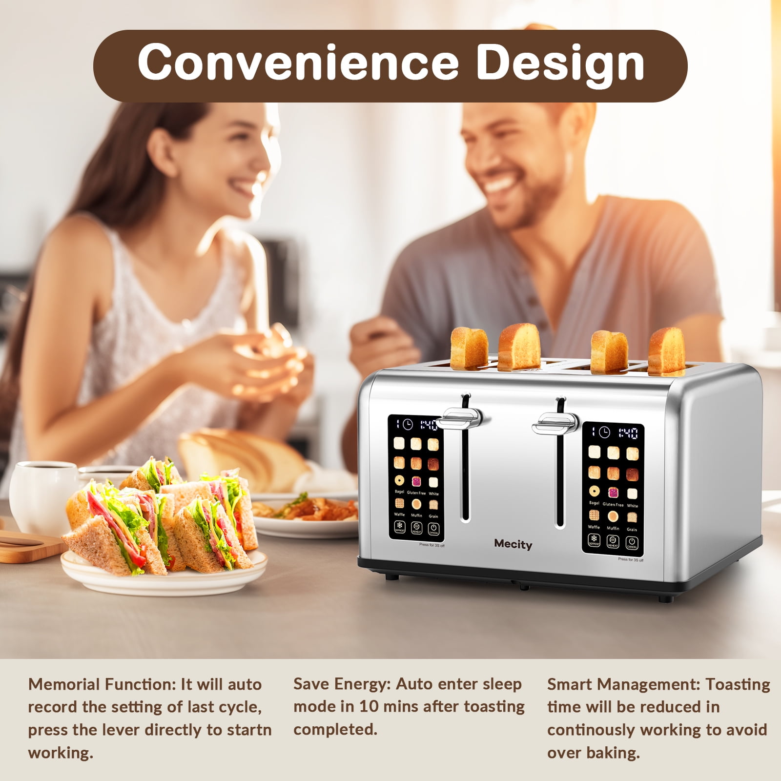 Mecity 4-Slice Touchscreen Toaster with Stainless Steel & 6 Browning Settings, Silver
