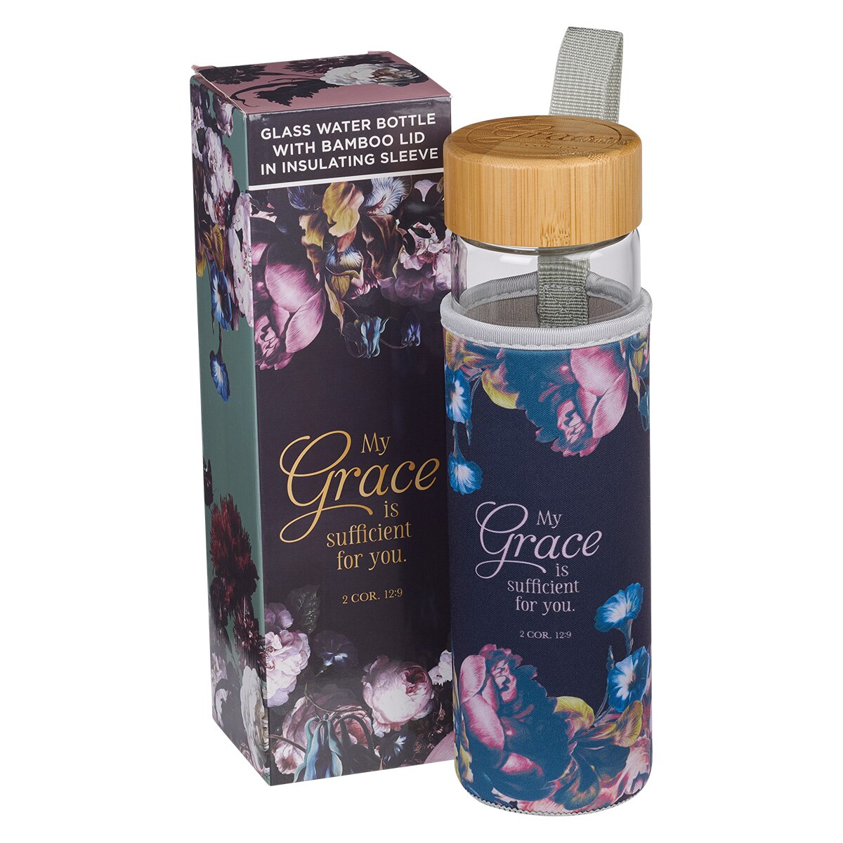 Christian Art Gifts Glass Water Bottle: My Grace is Sufficient for You - 2 Corinthians 12:9 with Insulating Sleeve and Bamboo Lid, 17 oz.