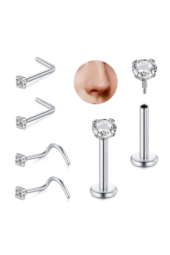 Stainless Steel Nose Rings Hoop Set For Women Men Flat Back Nose Studs Cartilage Earring 16g CZ Hypoallergenic Piercing Jewelry For Nose Septum Cartilage L Shaped Screw Bone Nose Studs