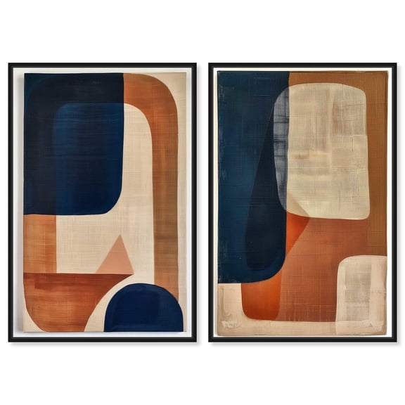 Blue Cream Set Canvas Set of 2 Boho Abstract by Art Remedy, Black Frame, 10 x 15