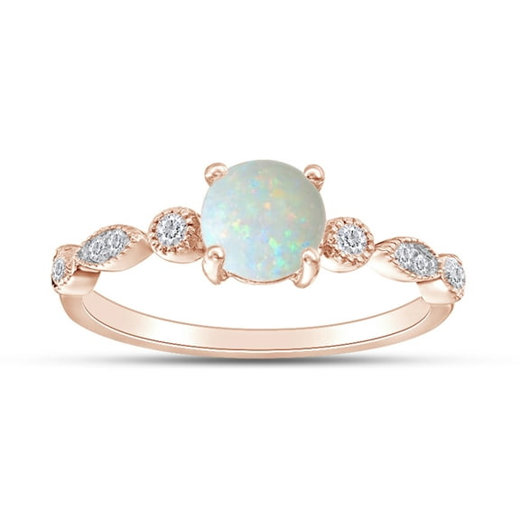 Round Cut Lab Created Opal And 0.11 (Cttw) White Natural Diamond Vintage Style Engagement Ring In 10k Solid Rose Gold Ring Size-9.5