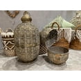 thumbnail image 6 of Moroccan Metal Temple Lanterns, Luxury Floor Hurricanes, Set of 2, For LED or Wax Candles, Sealed Iron, Antiqued Patina, Hinged Top, 25.5 and 17.75 Inches Tall, Global Chic Collection, 6 of 13