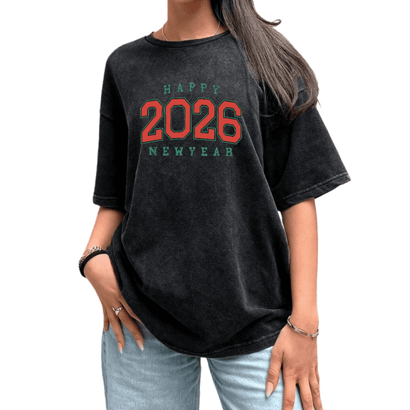 Red Green Letter 2026 Happy New Year Theme Graphic Regular Fit Tee T Shirt Festive Tops Short Sleeve Round Neck Black S-2XL Plus Size