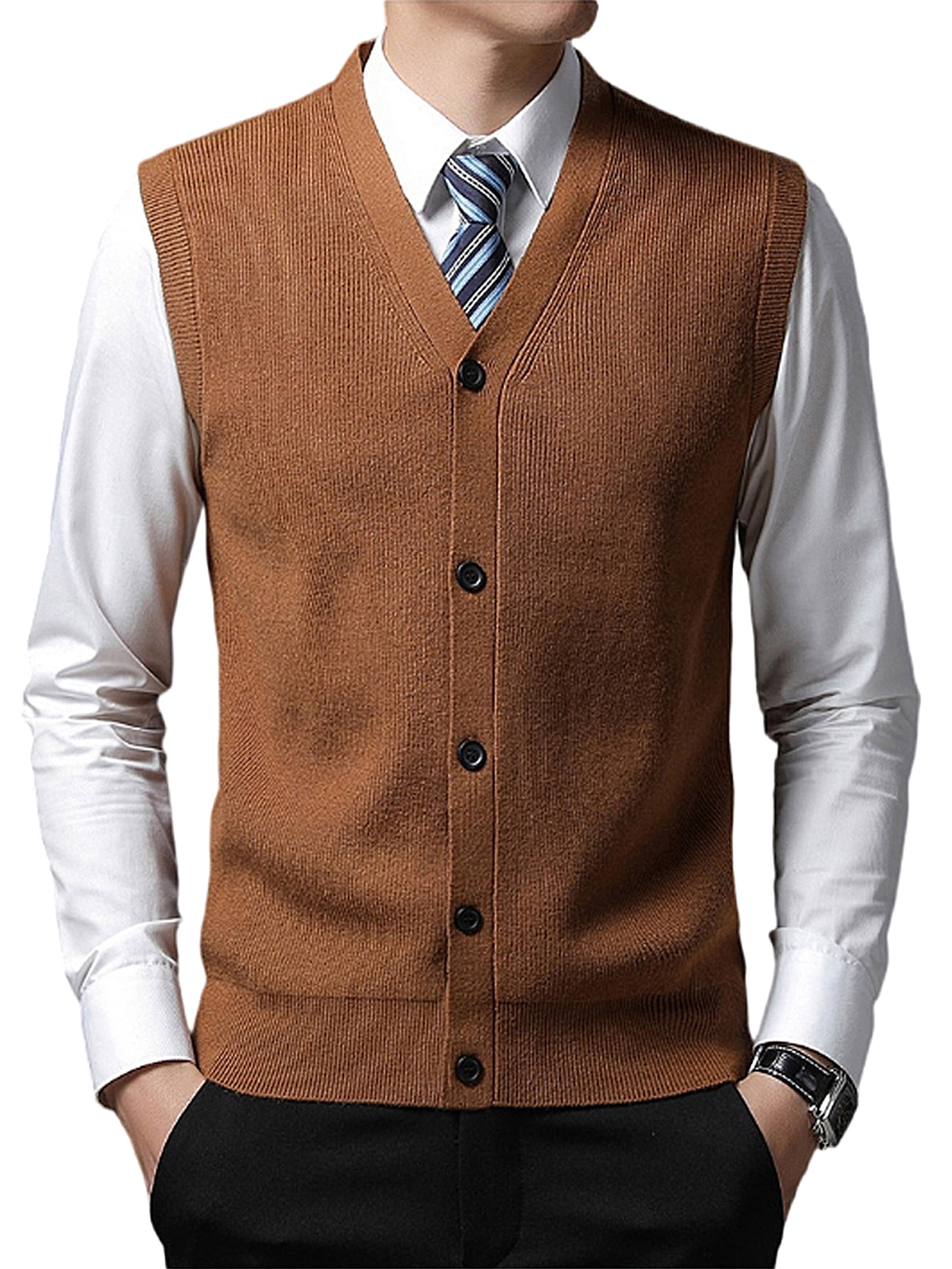 Hanerdun Mens Sleeveless Cardigan Male ButtonDown Sweater Vests Brown