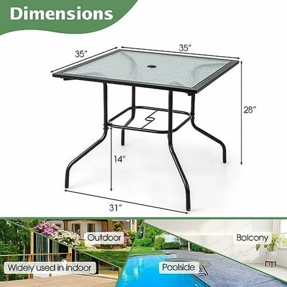 HAPPYGRILL Patio Square Dining Table 35" x 35", Outdoor Dining Table with Tempered Glass Tabletop & 1.5" Umbrella Hole, Metal Bistro Table for Garden Backyard and Porch