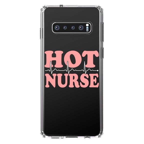 DistinctInk Clear Shockproof Hybrid Case for Samsung Galaxy S10  PLUS (6.4" Screen) - TPU Bumper Acrylic Back Tempered Glass Screen Protector - Hot Nurse