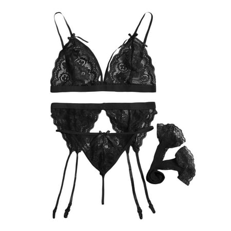 Xiaoxatg Womens Lingerie Sexy Three Point Embroidery Flower Bra Underwear Split Set Lingerie Night Robe Women Lingerie