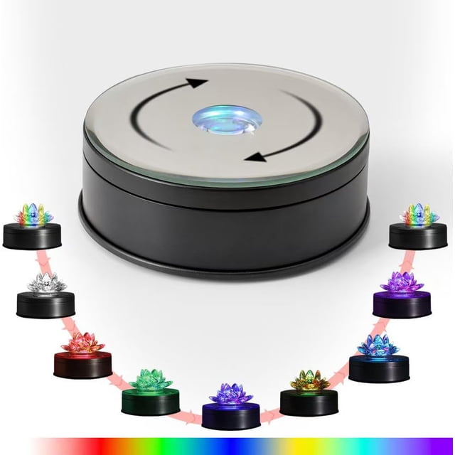 Onepec Rotating LED Base with 7 Lights 9 Modes,Rotation Lighted Bases,Light Base for Glass Art, Nice Crystal Collection Party Decor Display Platform(Black)