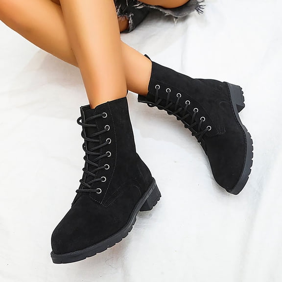 OKBOP Women's Lace-Up Boots Round Toe Chunky Heel Memory Foam Comfort Black Stylish Women's Boots Sizes 36