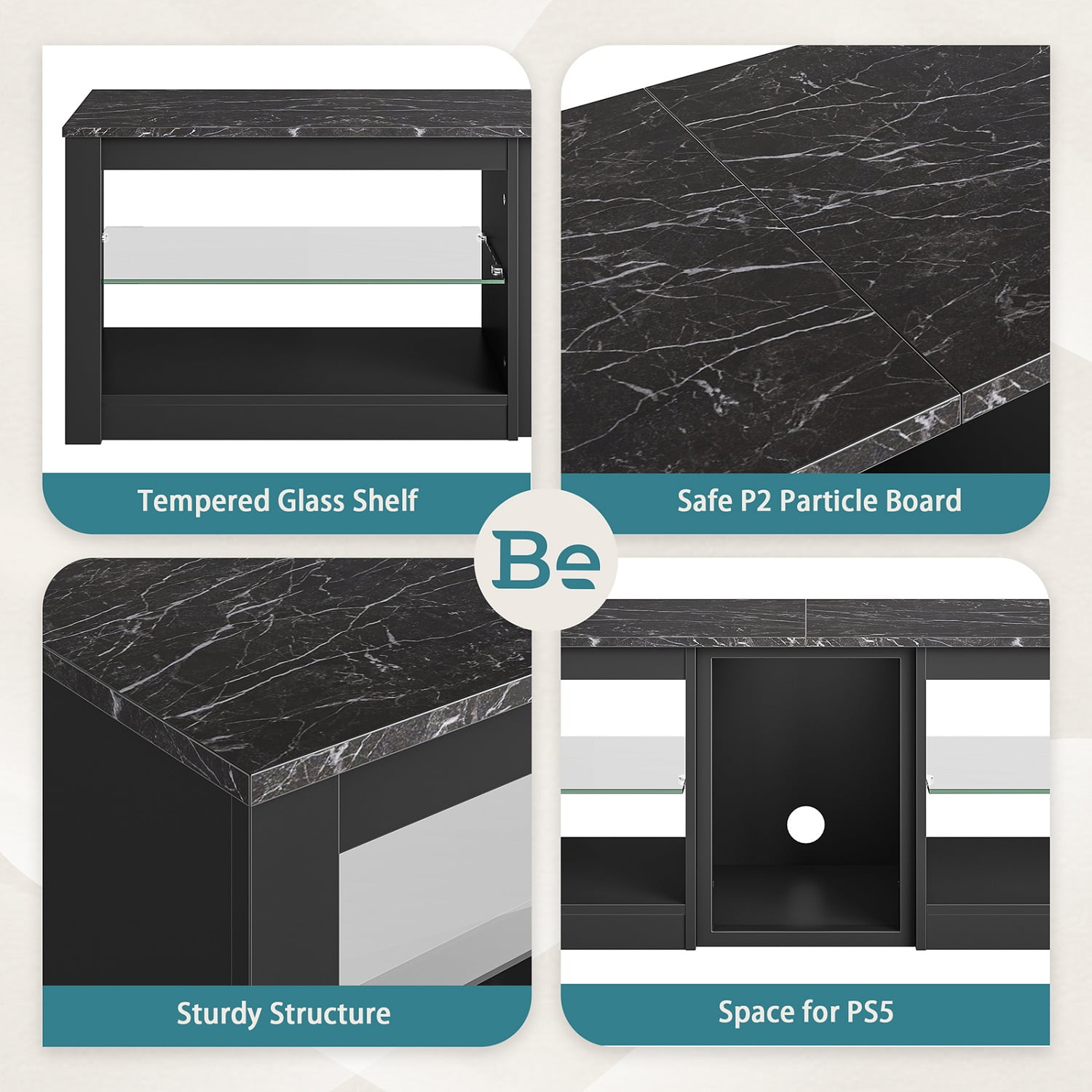 Bestier Modern TV Stand for 70" TV with Power Outlets, LED Entertainment Center for PS5, Black Marble