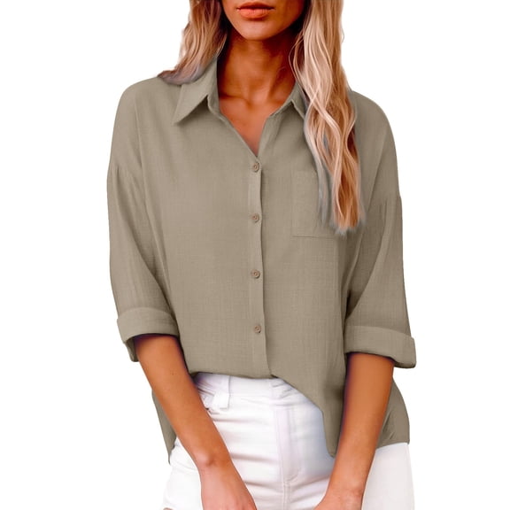 Yigetop Soft Button Down Shirt Women Womens Long Sleeve Tops Casual Blouse Button Down Shirt Casual Work Outfits Button Up Shirt Women Beige L