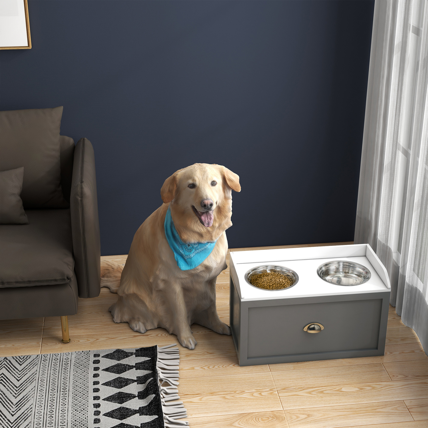 Large Elevated Dog Bowls With Storage, Raised Dog Bowl Stand, Gray