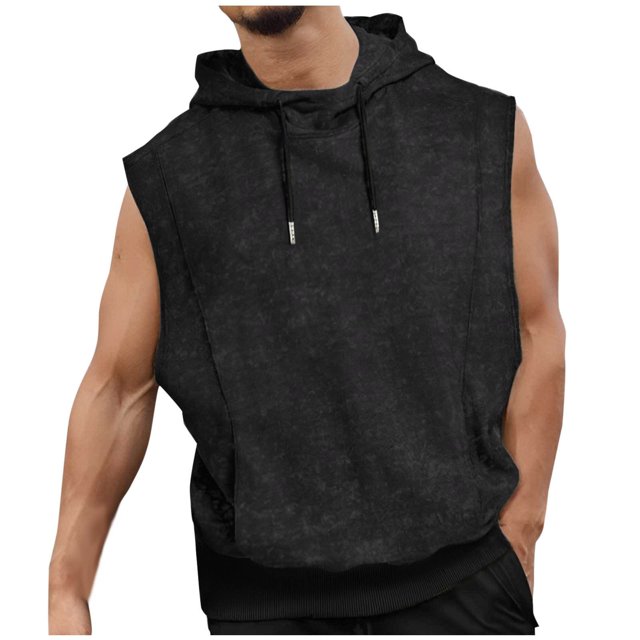 Camiseta con Capucha Casual de Color Sólido de los Hombres, Blusa sin Mangas con Cordón Deportivo para Gimnasio Y Desgaste Al Aire Libre, Top Atlético Transpirable, Sudadera Ligera