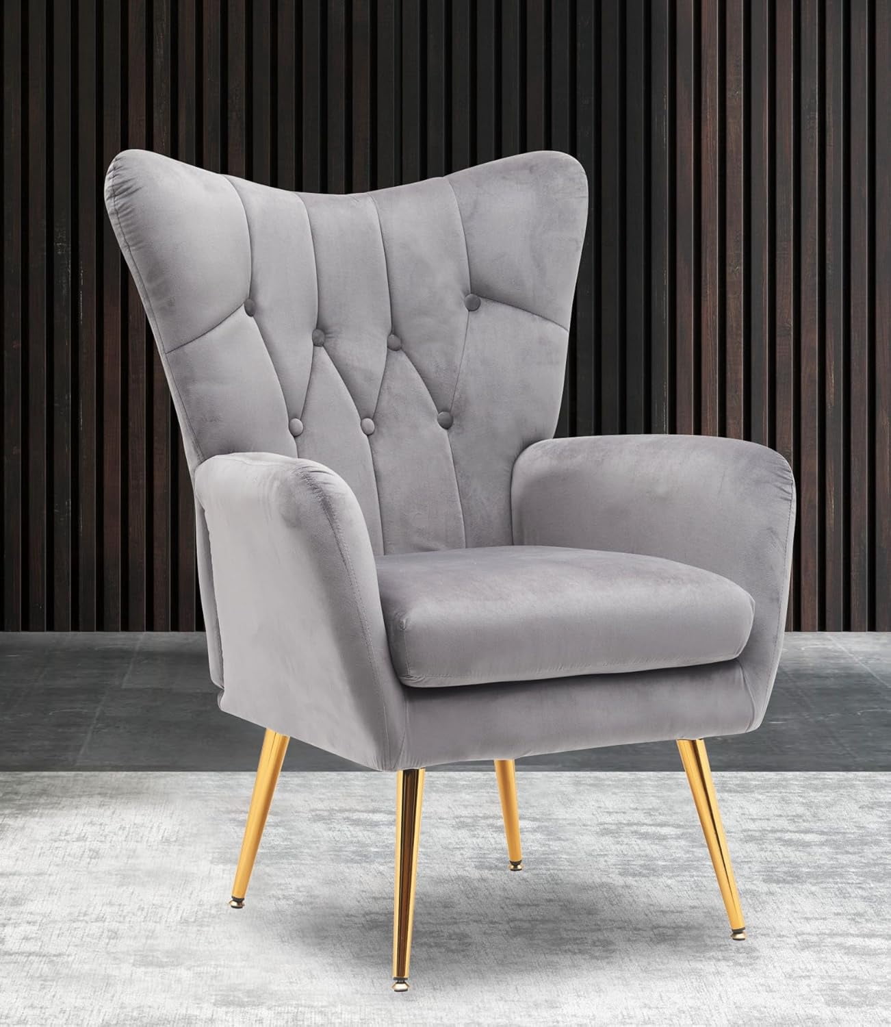 US Pride Furniture Modern Chic Mid-Century Velvet Accent Armchair for Living Room Bedroom or Home Office Button-Tufted Wingback Design with Gold Flared Legs Grey