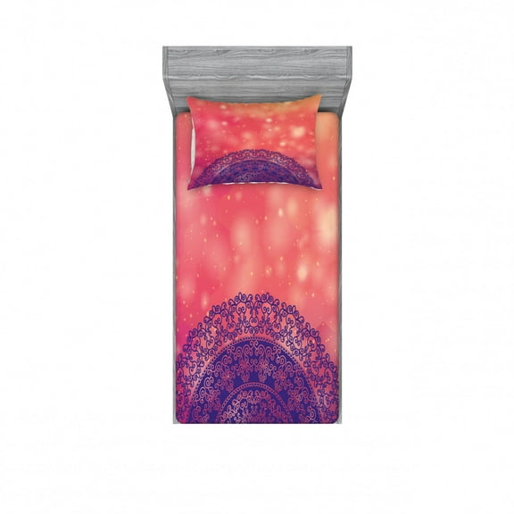 Mandala Bedding Set with Sheet & Covers, Universe Motif on Bokeh Background Folk Motif, Printed Bedroom Decor 2 Shams, 4 Sizes, Dark Coral Purple Indigo, by Ambesonne