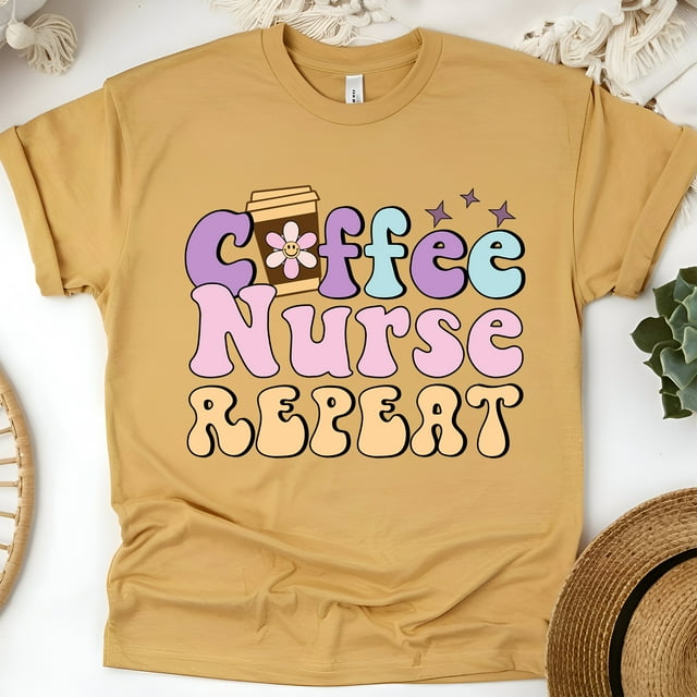 Coffee Nurse Repeat Graphic T-Shirt, Cute Pastel Design Tee, Gold, Size L