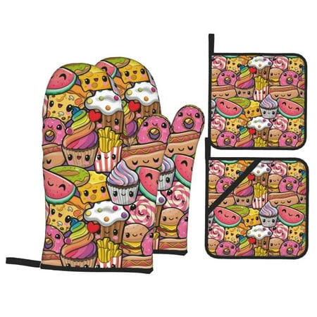 

Oven Mitts and Pot Holders Sets 4 pcs - Fruit-flavored ice-cream Heat Resistant Silicone Oven Gloves with Non-Slip Silicone Surface and hot pads for kitchen Baking Cooking BBQ