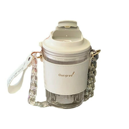 

Amuver Portable Coffee Cup with Leather Sleeve Plastic Trend Couple Cup with Handle Chain Strap Creative Reusable Ice Coffee Cup