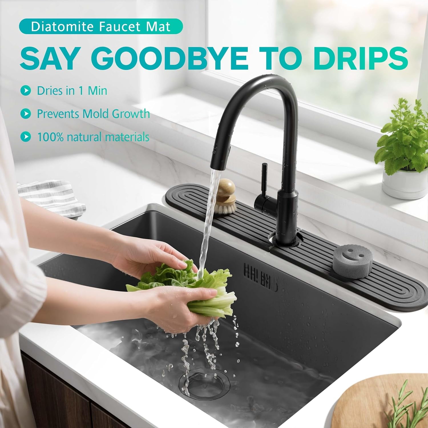 Stone Faucet Mat for Kitchen Sink – Diatomite Fast-Drying Stone Tray, Faucet Mat Sink Splash Guard, Decorative Sink Protector for Kitchen Bathroom Counter [Dark Gray, 17.7''x3.9'']
