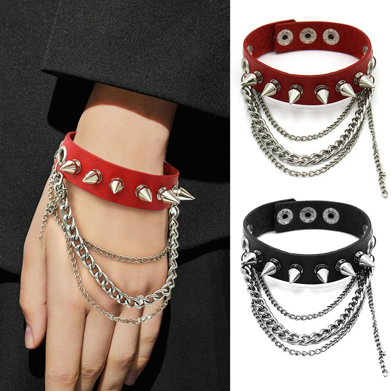 USHOBE Grunge Bracelets Punk Rivet Bracelet Halloween Studded Bracelet with  Chain Gothic Spike Cuff Wristband Leather Goth Jewelry Adjustable for