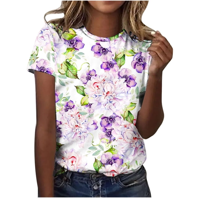 Scyoekwg Hauts d'Été pour Femmes Hauts pour Dames T-shirt Graphique à Imprimé Floral Blouses Amples Manches Courtes Hauts Décontractés Confortables Col Rond T-shirt Régulier (Violet, TG)