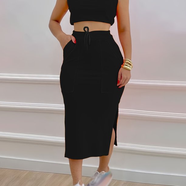 Conjunto informal sólido de dos piezas, camiseta sin mangas sin mangas y faldas divididas con cordón, ropa de mujer