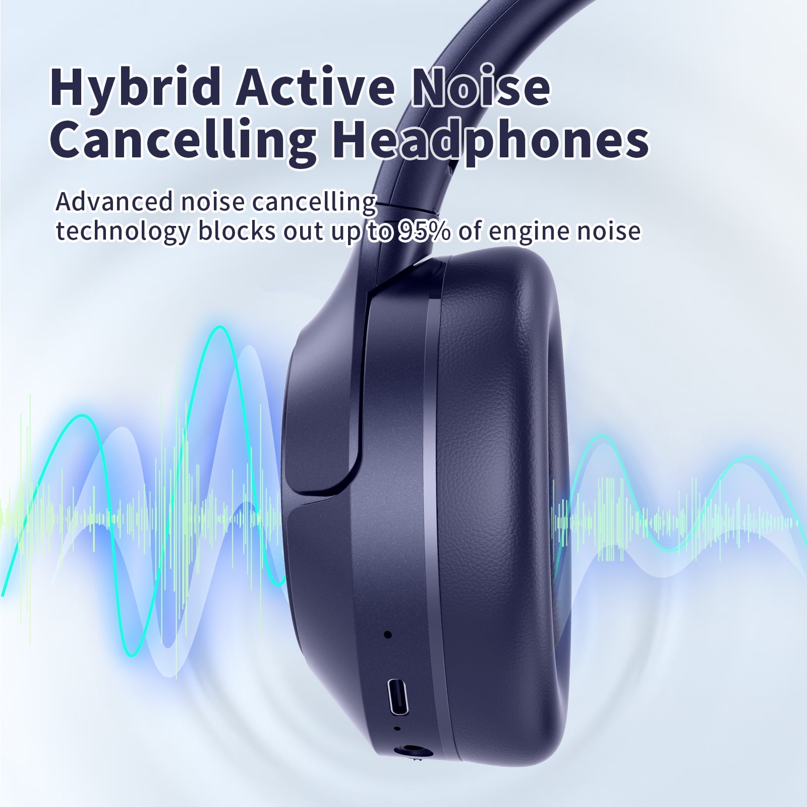 KVIDIO Active Noise Cancelling Headphones with Microphone, Deep Bass, 70H Running Time - Blue