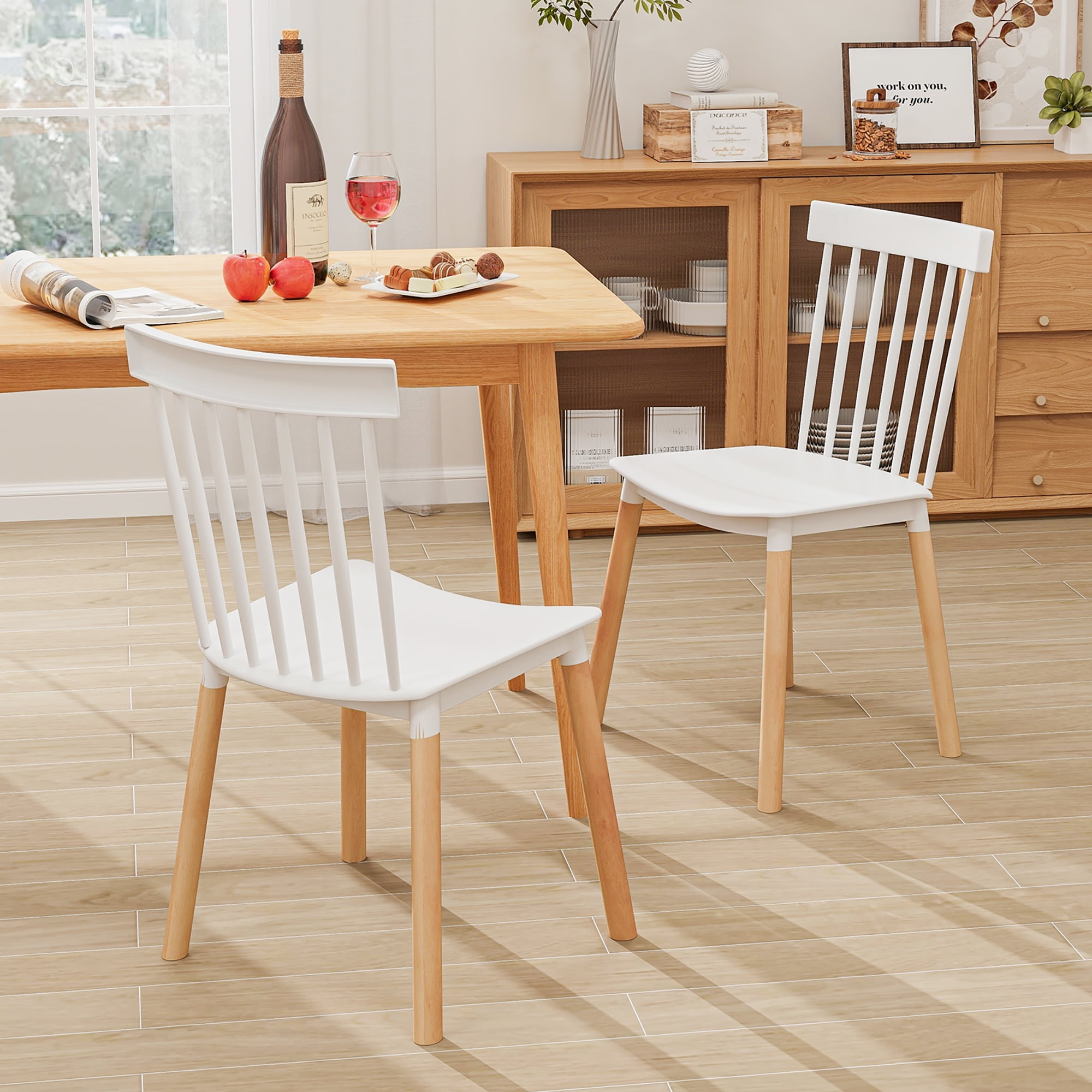 Gymax Set of 4 Windsor Dining Chairs Dining Chairs w/ Spindle Backs & Curved Seats White