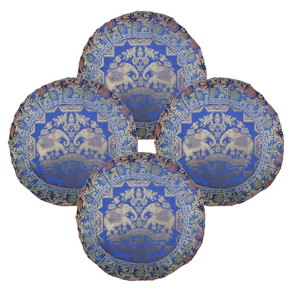 Stylo Culture Ethnic Brocade Decorative Throw Pillow Sham Covers Royal Blue 17x17 Traditional Jacquard Weave Pleated Border Sofa Cushion Covers 43 x 43 cm Satin Elephant Round Pillow Cases | Set Of 4