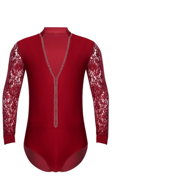 Mens Sparkling Rhinestones Latin Ballroom Dance Performance Costume Long Sleeves Bodysuit Shirt Tango Latin Leotard Costume